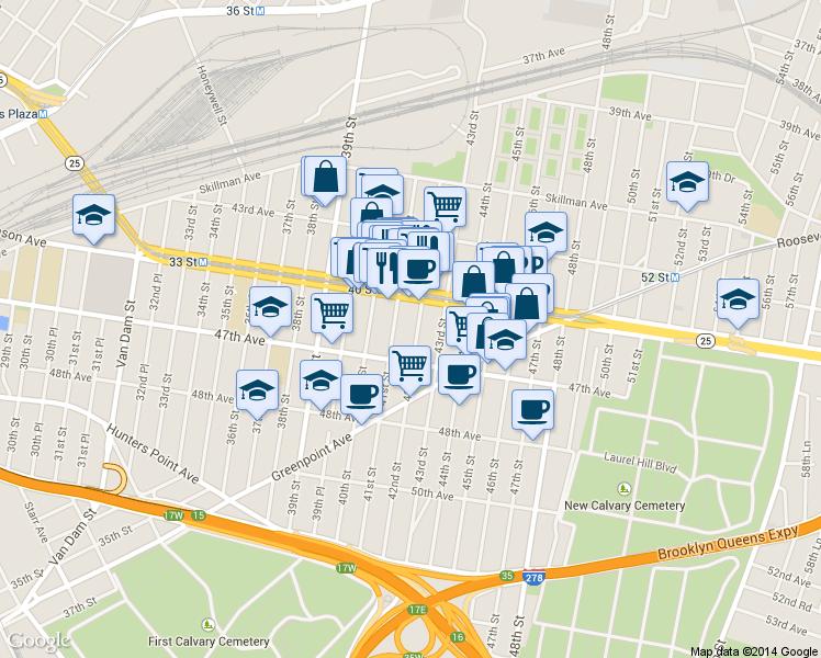 map of restaurants, bars, coffee shops, grocery stores, and more near 41-02 Queens Boulevard in Queens