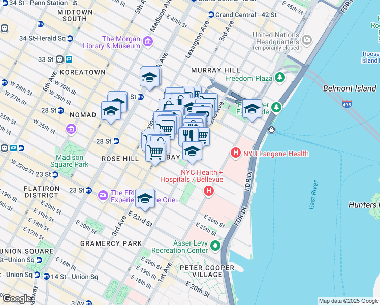 map of restaurants, bars, coffee shops, grocery stores, and more near 208 East 30th Street in New York