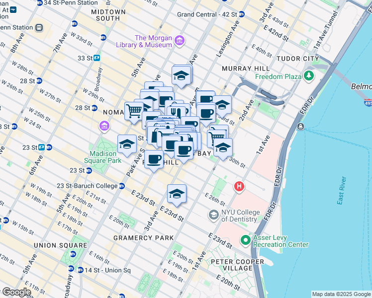 map of restaurants, bars, coffee shops, grocery stores, and more near 133 East 29th Street in New York