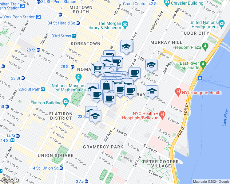 map of restaurants, bars, coffee shops, grocery stores, and more near 122 East 28th Street in New York