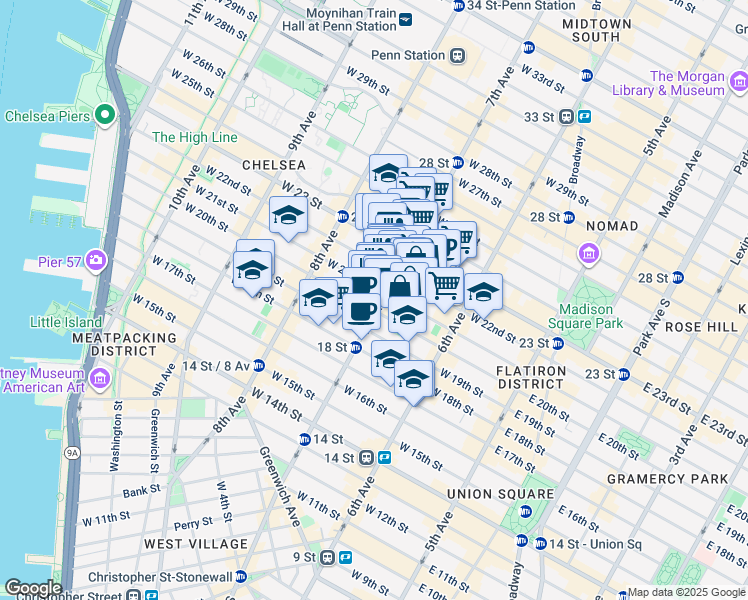 map of restaurants, bars, coffee shops, grocery stores, and more near in New York