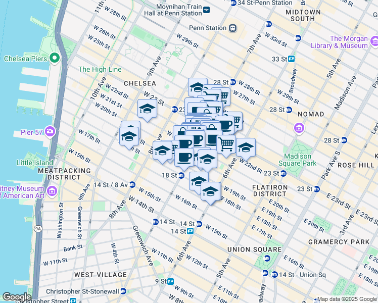 map of restaurants, bars, coffee shops, grocery stores, and more near 177 7th Avenue in New York