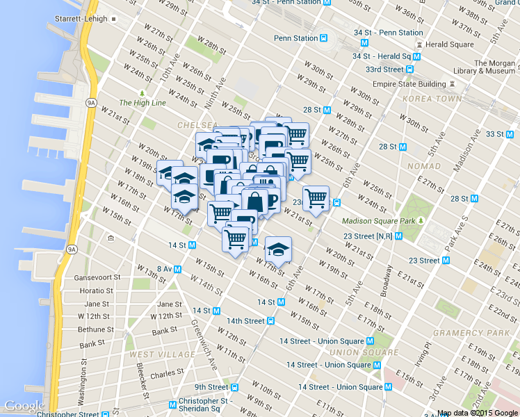 map of restaurants, bars, coffee shops, grocery stores, and more near 223 West 20th Street in New York