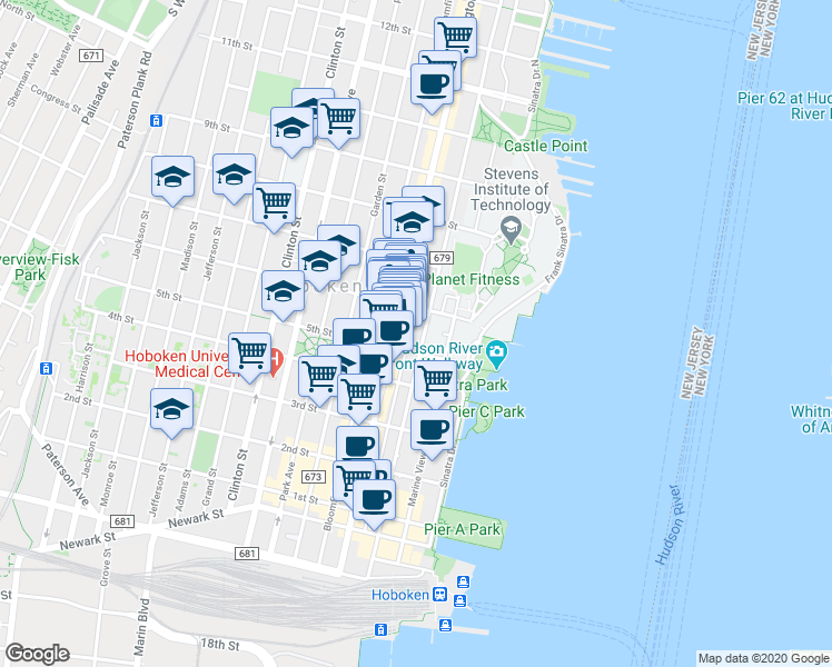 map of restaurants, bars, coffee shops, grocery stores, and more near 531 County Road 679 in Hoboken