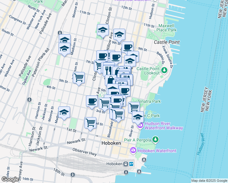 map of restaurants, bars, coffee shops, grocery stores, and more near 515 Garden Street in Hoboken