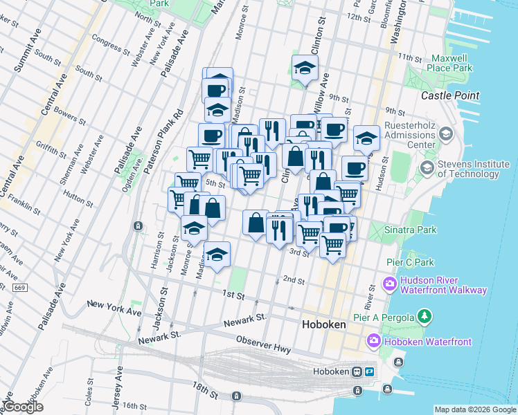 map of restaurants, bars, coffee shops, grocery stores, and more near 415 Adams Street in Hoboken
