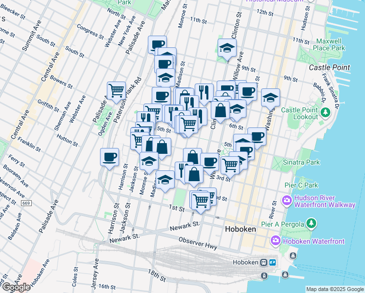 map of restaurants, bars, coffee shops, grocery stores, and more near 410 Jefferson Street in Hoboken