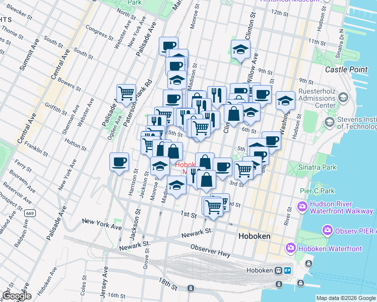 map of restaurants, bars, coffee shops, grocery stores, and more near 410 Jefferson Street in Hoboken