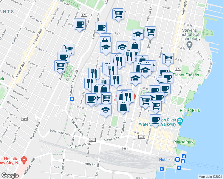 map of restaurants, bars, coffee shops, grocery stores, and more near 410 Jefferson Street in Hoboken