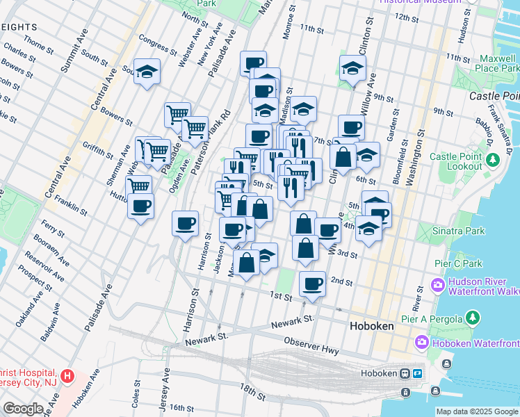 map of restaurants, bars, coffee shops, grocery stores, and more near in Hoboken