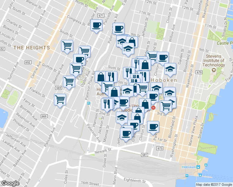 map of restaurants, bars, coffee shops, grocery stores, and more near in Hoboken