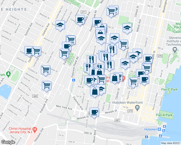 map of restaurants, bars, coffee shops, grocery stores, and more near 655 4th Street in Hoboken