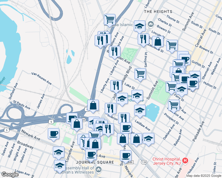 map of restaurants, bars, coffee shops, grocery stores, and more near 29 Cliff Street in Jersey City