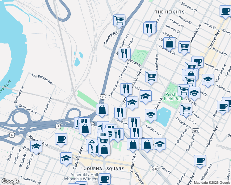 map of restaurants, bars, coffee shops, grocery stores, and more near 29 Cliff Street in Jersey City