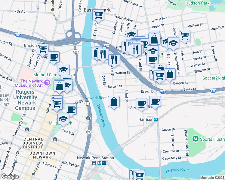 map of restaurants, bars, coffee shops, grocery stores, and more near 106 Bergen Street in Harrison