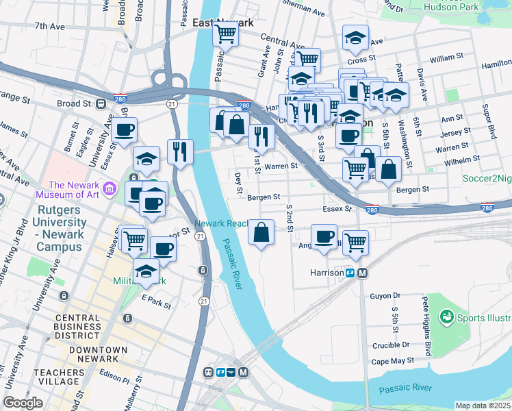 map of restaurants, bars, coffee shops, grocery stores, and more near 106 Bergen Street in Harrison