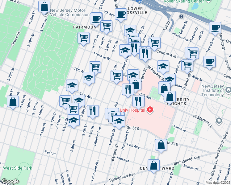 map of restaurants, bars, coffee shops, grocery stores, and more near 121 Littleton Avenue in Newark