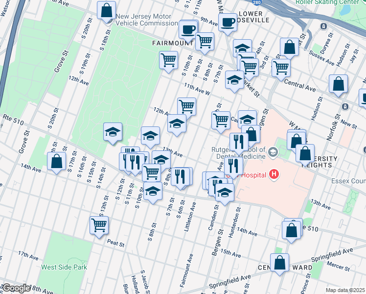 map of restaurants, bars, coffee shops, grocery stores, and more near 208 South 8th Street in Newark