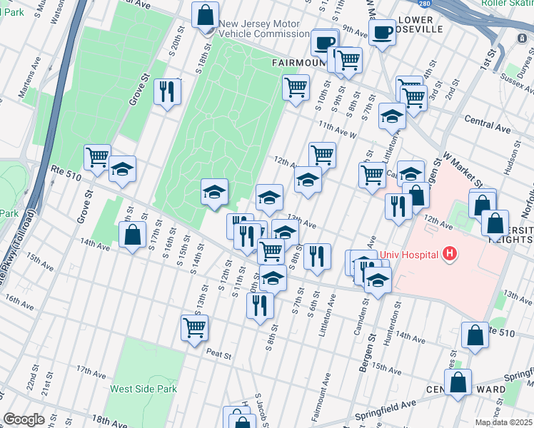 map of restaurants, bars, coffee shops, grocery stores, and more near 327 South 11th Street in Newark