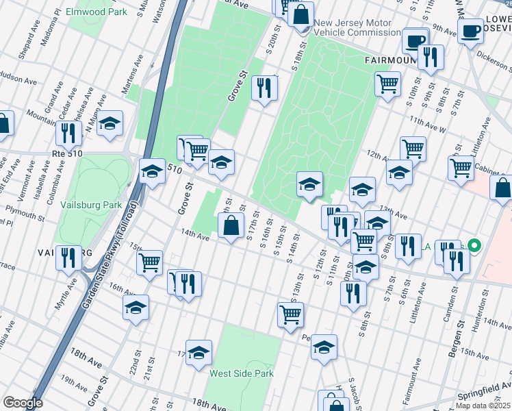 map of restaurants, bars, coffee shops, grocery stores, and more near 488 South Orange Avenue in Newark