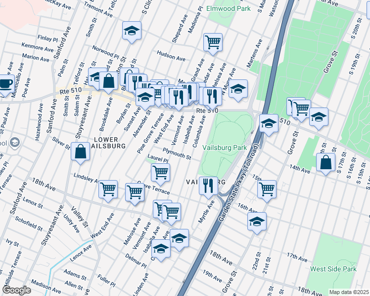 map of restaurants, bars, coffee shops, grocery stores, and more near 63 Columbia Avenue in Newark