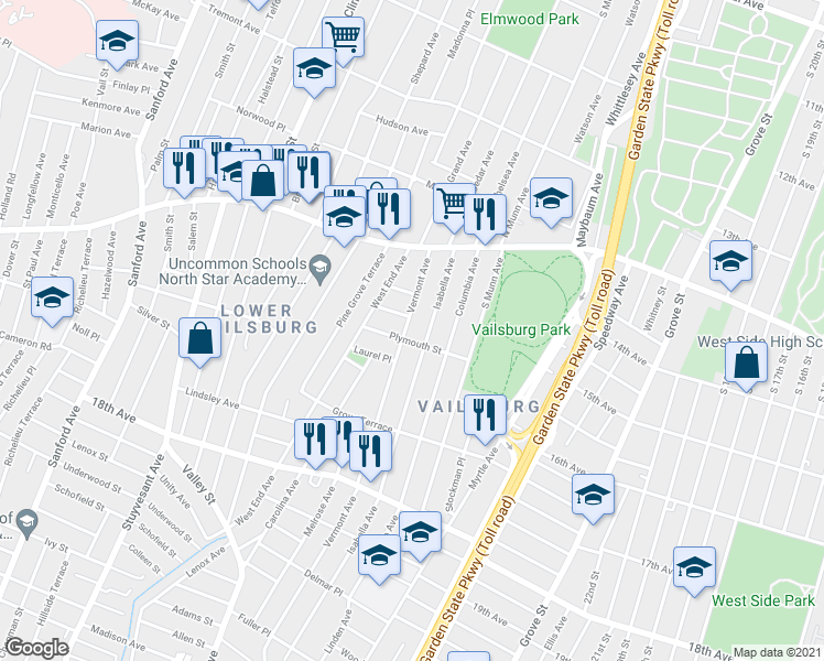 map of restaurants, bars, coffee shops, grocery stores, and more near 62 Vermont Avenue in Newark