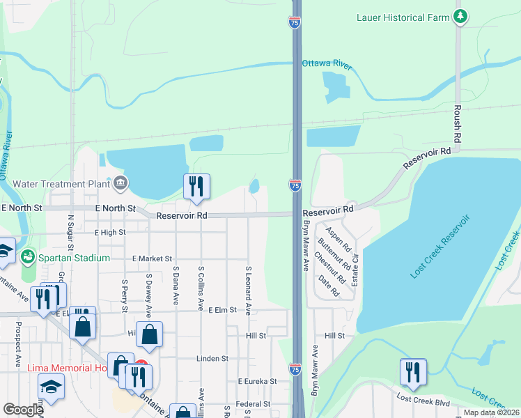map of restaurants, bars, coffee shops, grocery stores, and more near 1645 Reservoir Rd in Lima