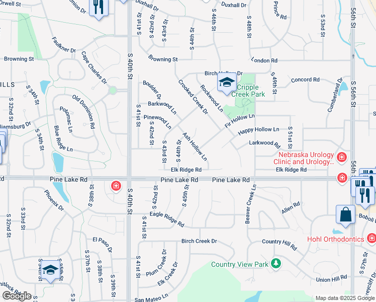 map of restaurants, bars, coffee shops, grocery stores, and more near 6801 Ash Hollow Lane in Lincoln