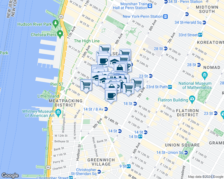 map of restaurants, bars, coffee shops, grocery stores, and more near 319 West 18th Street in New York