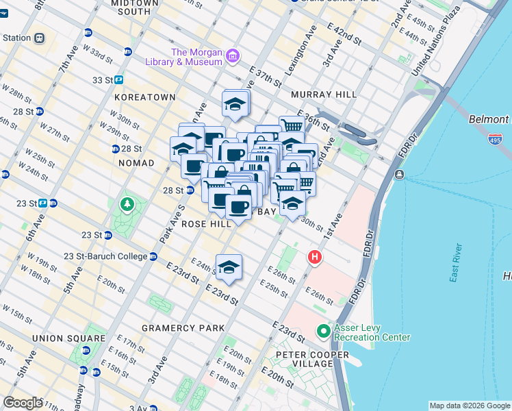 map of restaurants, bars, coffee shops, grocery stores, and more near 417 3rd Avenue in New York
