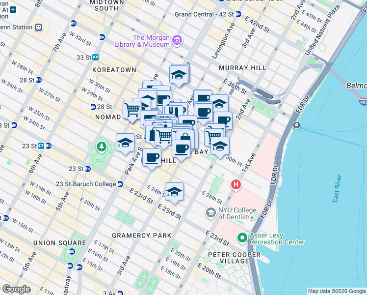 map of restaurants, bars, coffee shops, grocery stores, and more near 133 East 29th Street in New York