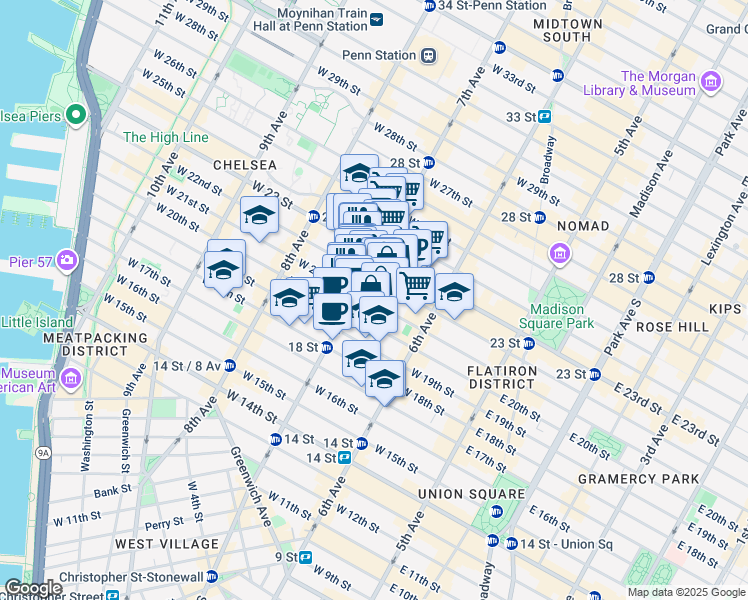 map of restaurants, bars, coffee shops, grocery stores, and more near 155 West 21st Street in New York