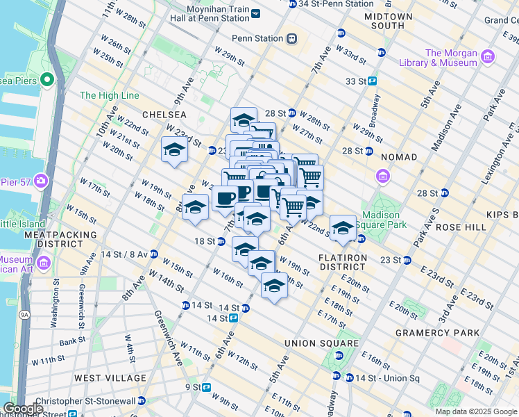 map of restaurants, bars, coffee shops, grocery stores, and more near 151 West 21st Street in New York