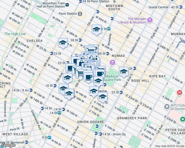 map of restaurants, bars, coffee shops, grocery stores, and more near 727 6th Avenue in New York