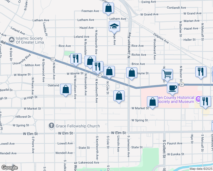 map of restaurants, bars, coffee shops, grocery stores, and more near 1207 Oakland Parkway in Lima