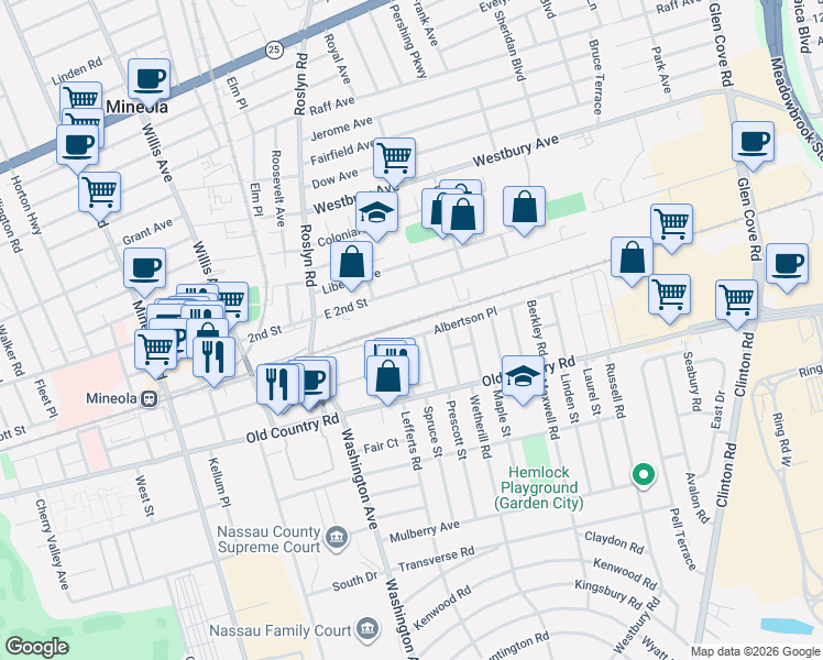 map of restaurants, bars, coffee shops, grocery stores, and more near 99 East 2nd Street in Mineola