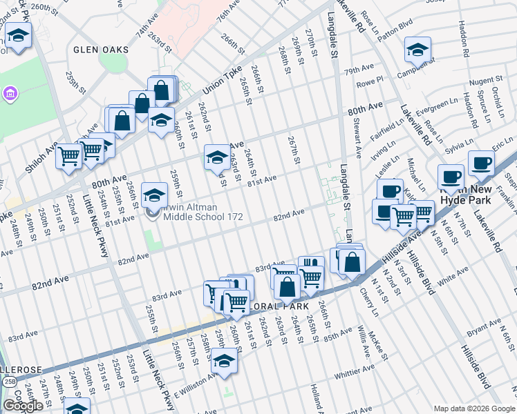 map of restaurants, bars, coffee shops, grocery stores, and more near 81-19 263rd Street in Queens