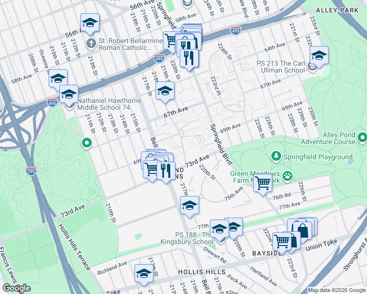 map of restaurants, bars, coffee shops, grocery stores, and more near 6877 218th Street in Queens