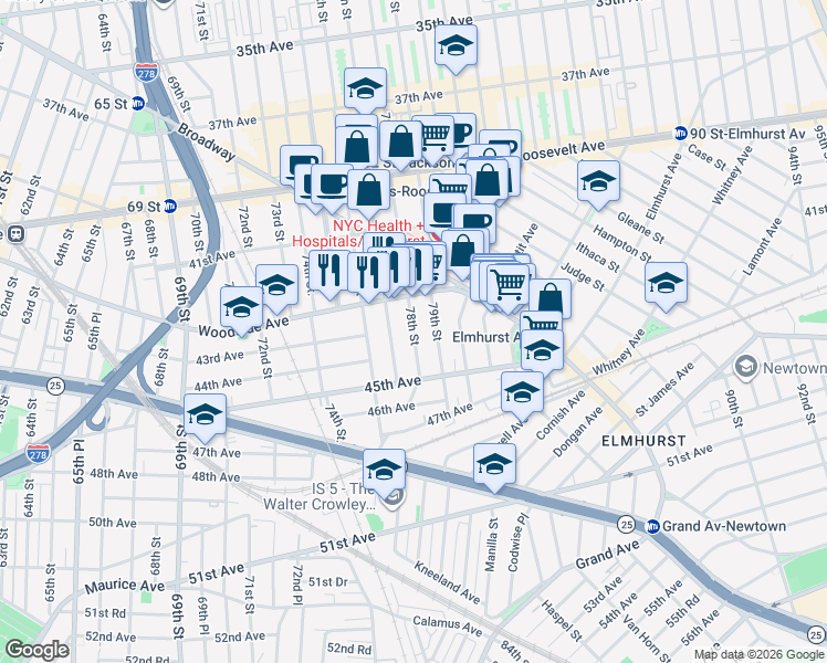 map of restaurants, bars, coffee shops, grocery stores, and more near 42-24 78th Street in Queens