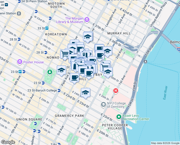 map of restaurants, bars, coffee shops, grocery stores, and more near 133 East 29th Street in New York