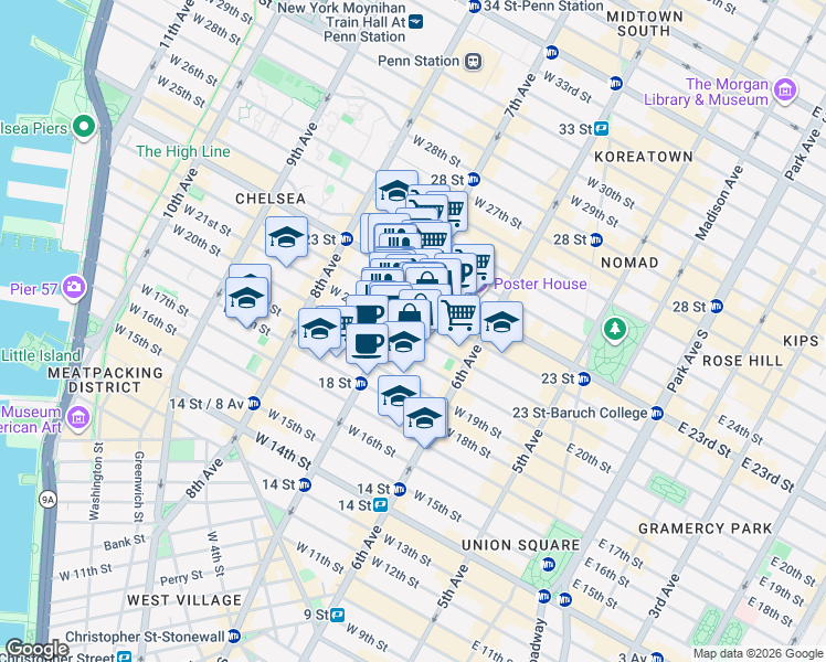 map of restaurants, bars, coffee shops, grocery stores, and more near 177 7th Avenue in New York