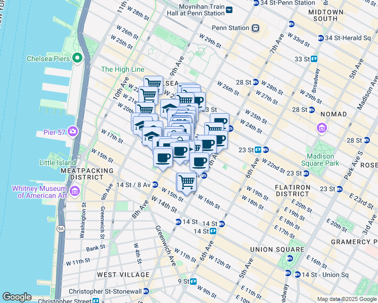 map of restaurants, bars, coffee shops, grocery stores, and more near 251 West 19th Street in New York