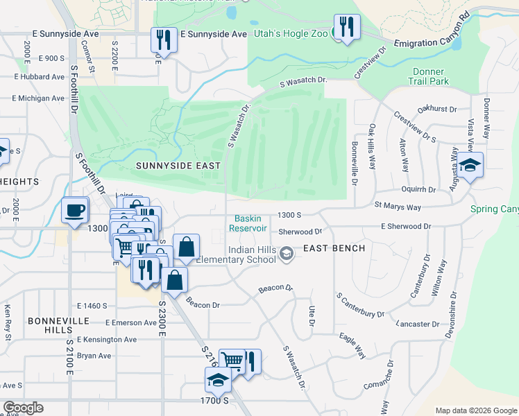 map of restaurants, bars, coffee shops, grocery stores, and more near 2519 East 1300 South in Salt Lake City