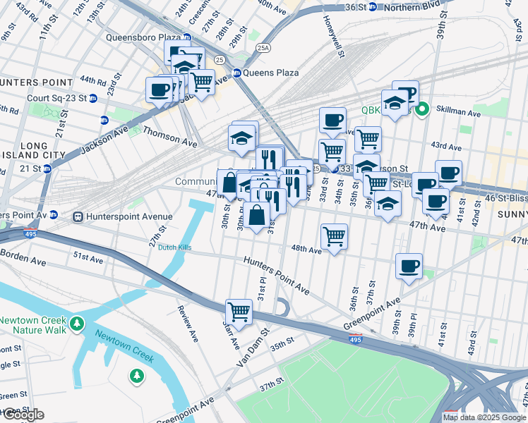 map of restaurants, bars, coffee shops, grocery stores, and more near 31-00 47th Avenue in Queens