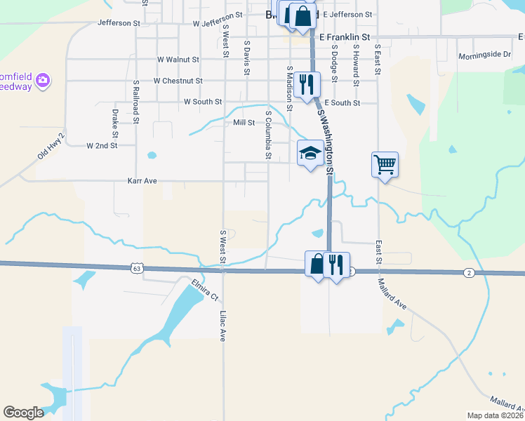map of restaurants, bars, coffee shops, grocery stores, and more near 1000 South Columbia Street in Bloomfield