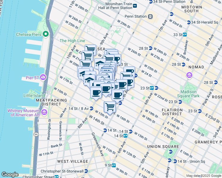 map of restaurants, bars, coffee shops, grocery stores, and more near 252 West 20th Street in New York