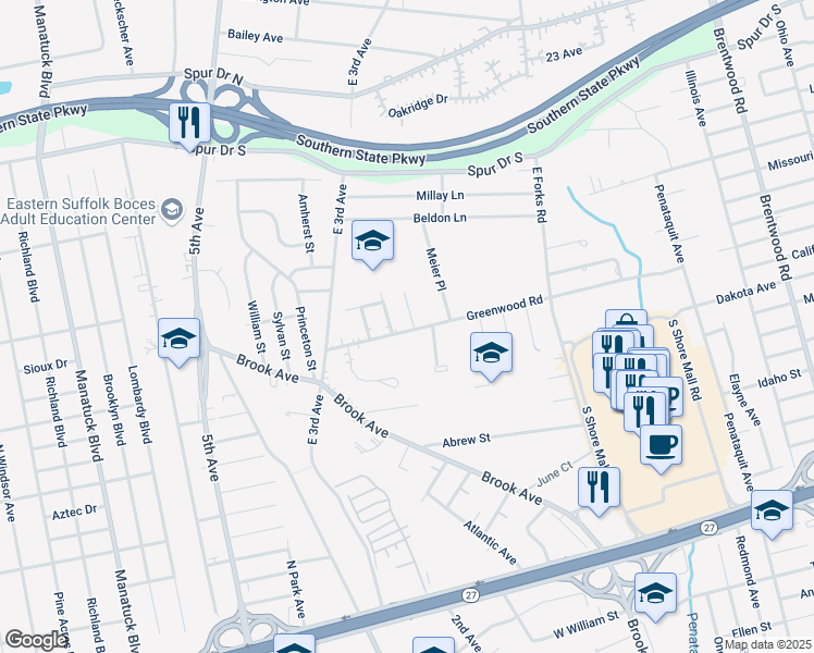 map of restaurants, bars, coffee shops, grocery stores, and more near 10 Woodbine Avenue in Bay Shore