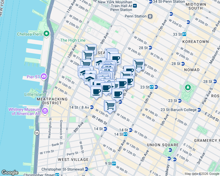 map of restaurants, bars, coffee shops, grocery stores, and more near 255 West 19th Street in New York