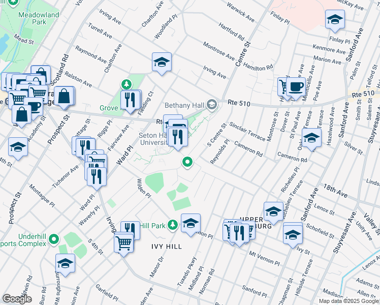 map of restaurants, bars, coffee shops, grocery stores, and more near Seton Drive in South Orange