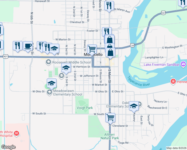 map of restaurants, bars, coffee shops, grocery stores, and more near South Railroad Street East in Monticello